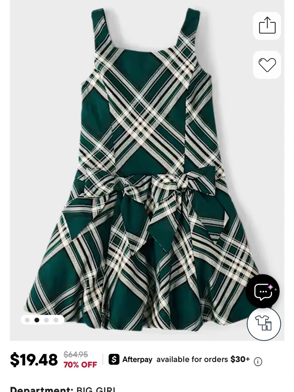 Girls Green Plaid Bow-Accent Party Holiday Dress